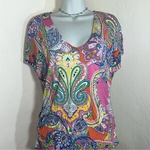 Ralph Lauren Pink Multicolor Paisley V-Neck Short Sleeve Top